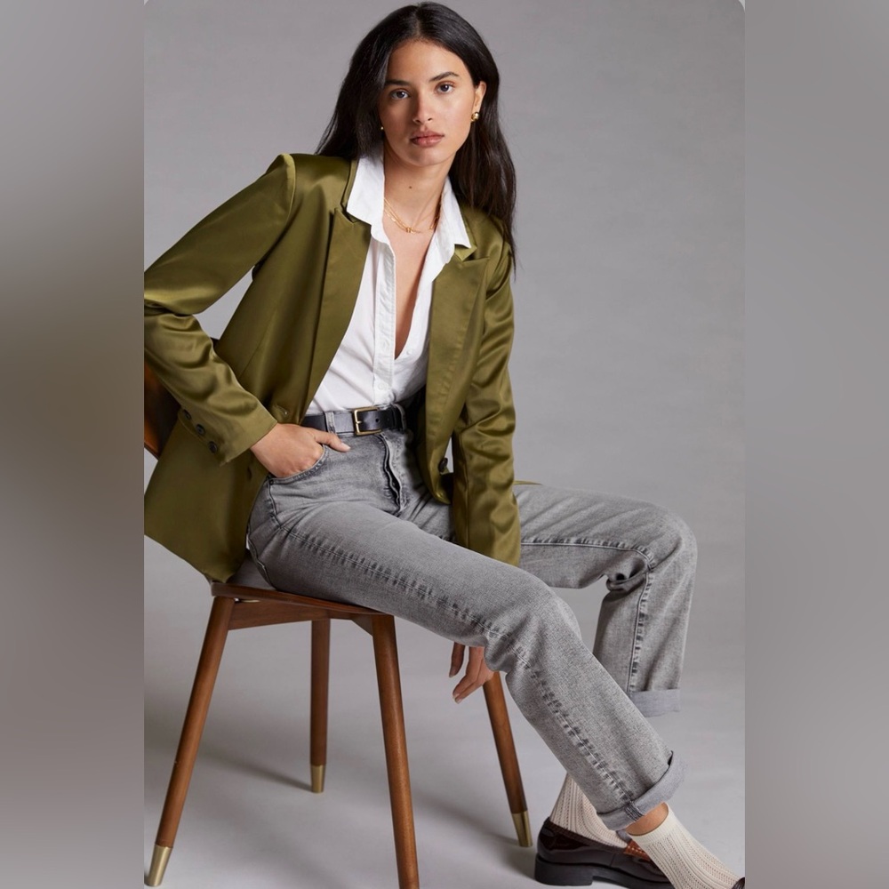 Anthropologie Avec Les Filles Olive Green Sleek Satin Blazer Medium